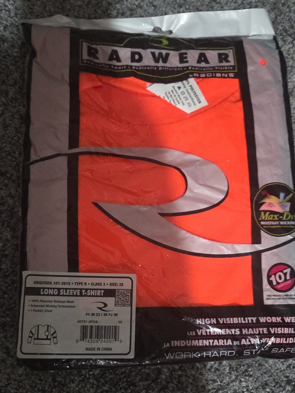 Radwear High-Visibility Orange Long Sleeve T-Shirt 3X New